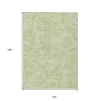 10' X 14' Green And Ivory Paisley Washable Indoor Outdoor Area Rug