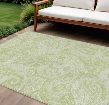 10' X 14' Green And Ivory Paisley Washable Indoor Outdoor Area Rug
