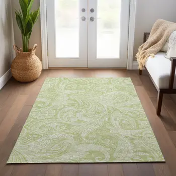 10' X 14' Green And Ivory Paisley Washable Indoor Outdoor Area Rug