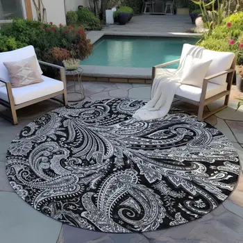 8' Black Gray And White Round Paisley Washable Indoor Outdoor Area Rug