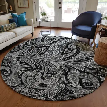 8' Black Gray And White Round Paisley Washable Indoor Outdoor Area Rug