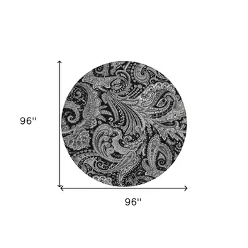 8' Black Gray And White Round Paisley Washable Indoor Outdoor Area Rug