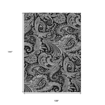 9' X 12' Black Gray And White Paisley Washable Indoor Outdoor Area Rug