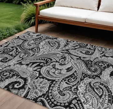 9' X 12' Black Gray And White Paisley Washable Indoor Outdoor Area Rug