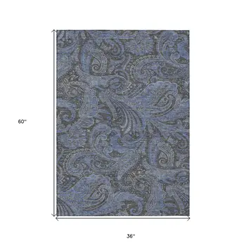 3' X 5' Charcoal Gray And Blue Paisley Washable Indoor Outdoor Area Rug