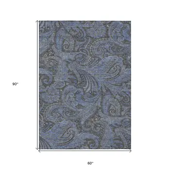 5' X 8' Charcoal Gray And Blue Paisley Washable Indoor Outdoor Area Rug