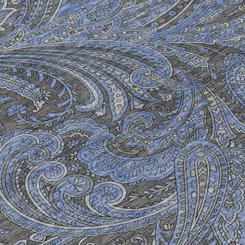 8' X 10' Charcoal Gray And Blue Paisley Washable Indoor Outdoor Area Rug