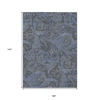 9' X 12' Charcoal Gray And Blue Paisley Washable Indoor Outdoor Area Rug