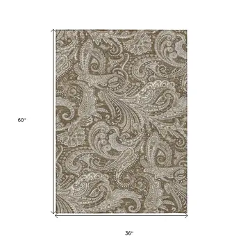 3' X 5' Chocolate Beige And Ivory Paisley Washable Indoor Outdoor Area Rug