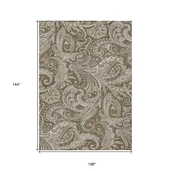 9' X 12' Chocolate Beige And Ivory Paisley Washable Indoor Outdoor Area Rug