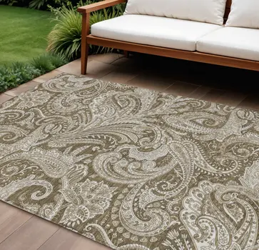 10' X 14' Chocolate Beige And Ivory Paisley Washable Indoor Outdoor Area Rug