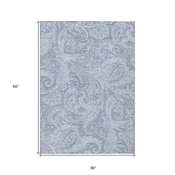 3' X 5' Denim Blue Sky Blue And Ivory Paisley Washable Indoor Outdoor Area Rug
