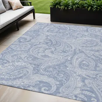 5' X 8' Denim Blue Sky Blue And Ivory Paisley Washable Indoor Outdoor Area Rug