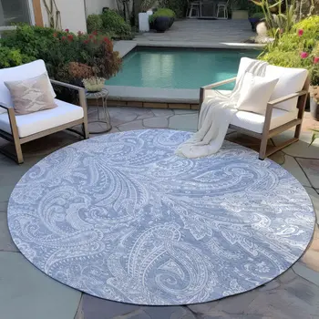 8' Denim Blue Sky Blue And Ivory Round Paisley Washable Indoor Outdoor Area Rug