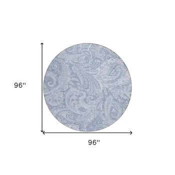 8' Denim Blue Sky Blue And Ivory Round Paisley Washable Indoor Outdoor Area Rug