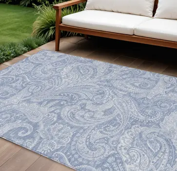 8' X 10' Denim Blue Sky Blue And Ivory Paisley Washable Indoor Outdoor Area Rug