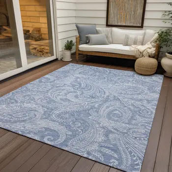 8' X 10' Denim Blue Sky Blue And Ivory Paisley Washable Indoor Outdoor Area Rug