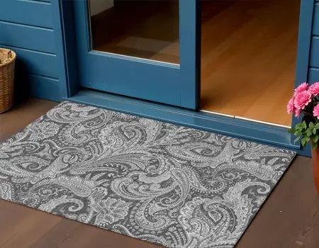 3' X 5' Gray Charcoal And Ivory Paisley Washable Indoor Outdoor Area Rug