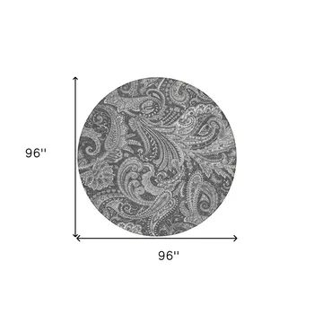 8' Gray Charcoal And Ivory Round Paisley Washable Indoor Outdoor Area Rug