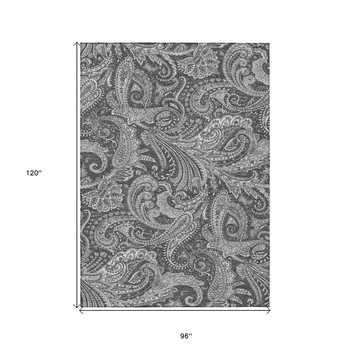 8' X 10' Gray Charcoal And Ivory Paisley Washable Indoor Outdoor Area Rug