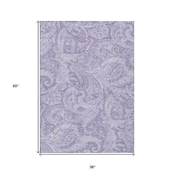 3' X 5' Lavender Purple And Ivory Paisley Washable Indoor Outdoor Area Rug