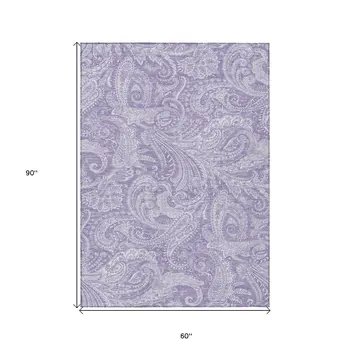 5' X 8' Lavender Purple And Ivory Paisley Washable Indoor Outdoor Area Rug