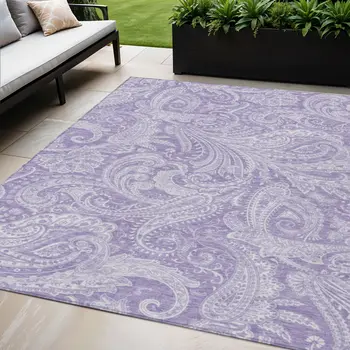 5' X 8' Lavender Purple And Ivory Paisley Washable Indoor Outdoor Area Rug