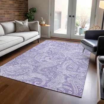 5' X 8' Lavender Purple And Ivory Paisley Washable Indoor Outdoor Area Rug