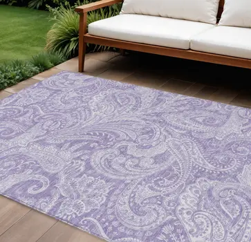 10' X 14' Lavender Purple And Ivory Paisley Washable Indoor Outdoor Area Rug