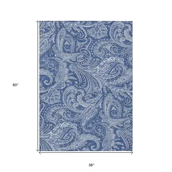 3' X 5' Navy Blue And Denim Blue Paisley Washable Indoor Outdoor Area Rug