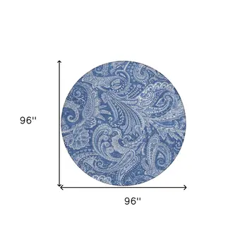 8' Navy Blue And Denim Blue Round Paisley Washable Indoor Outdoor Area Rug
