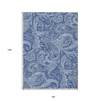 8' X 10' Navy Blue And Denim Blue Paisley Washable Indoor Outdoor Area Rug