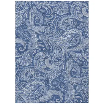 8' X 10' Navy Blue And Denim Blue Paisley Washable Indoor Outdoor Area Rug