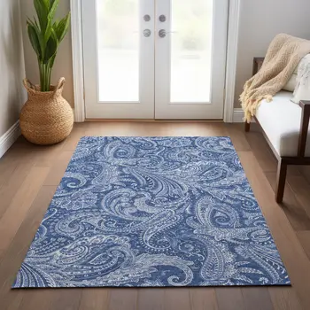 8' X 10' Navy Blue And Denim Blue Paisley Washable Indoor Outdoor Area Rug