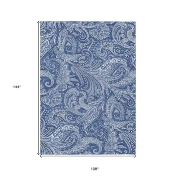 9' X 12' Navy Blue And Denim Blue Paisley Washable Indoor Outdoor Area Rug
