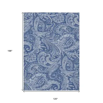 10' X 14' Navy Blue And Denim Blue Paisley Washable Indoor Outdoor Area Rug