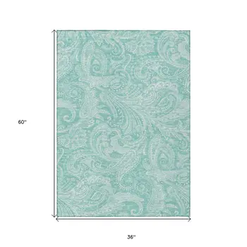 3' X 5' Teal Blue And Ivory Paisley Washable Indoor Outdoor Area Rug