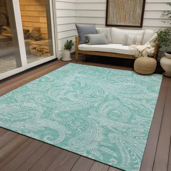 5' X 8' Teal Blue And Ivory Paisley Washable Indoor Outdoor Area Rug