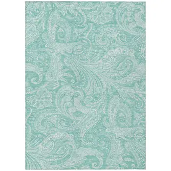 9' X 12' Teal Blue And Ivory Paisley Washable Indoor Outdoor Area Rug