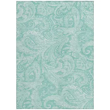 9' X 12' Teal Blue And Ivory Paisley Washable Indoor Outdoor Area Rug