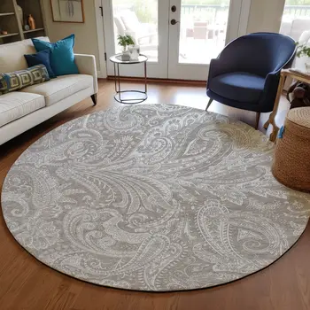 8' Taupe Beige And Ivory Round Paisley Washable Indoor Outdoor Area Rug