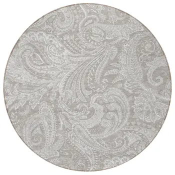 8' Taupe Beige And Ivory Round Paisley Washable Indoor Outdoor Area Rug