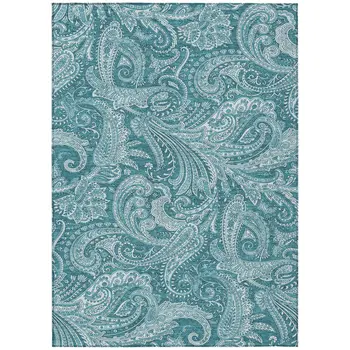 5' X 8' Turquoise And Ivory Paisley Washable Indoor Outdoor Area Rug