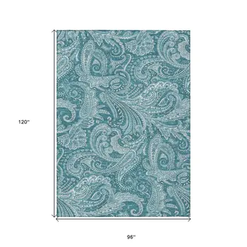 8' X 10' Turquoise And Ivory Paisley Washable Indoor Outdoor Area Rug