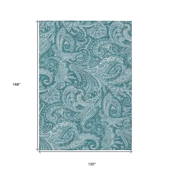 10' X 14' Turquoise And Ivory Paisley Washable Indoor Outdoor Area Rug