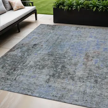 5' X 8' Gray Charcoal And Blue Abstract Washable Indoor Outdoor Area Rug