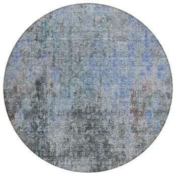 8' Gray Charcoal And Blue Round Abstract Washable Indoor Outdoor Area Rug