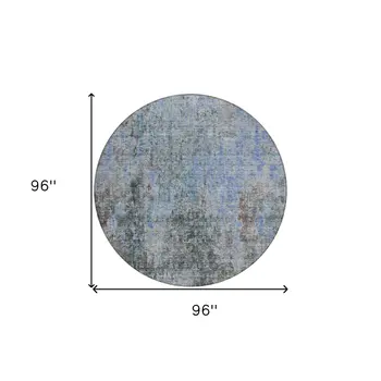 8' Gray Charcoal And Blue Round Abstract Washable Indoor Outdoor Area Rug
