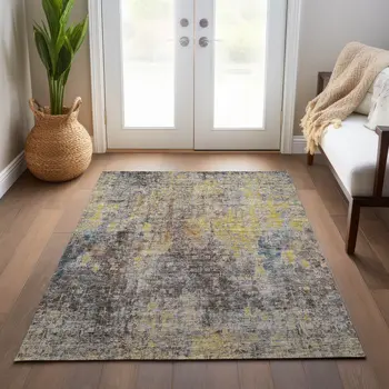 5' X 8' Brown And Gold Abstract Washable Indoor Outdoor Area Rug