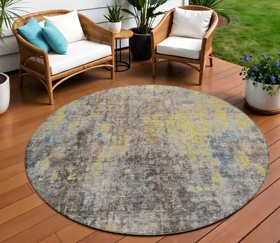 8' Brown And Gold Round Abstract Washable Indoor Outdoor Area Rug